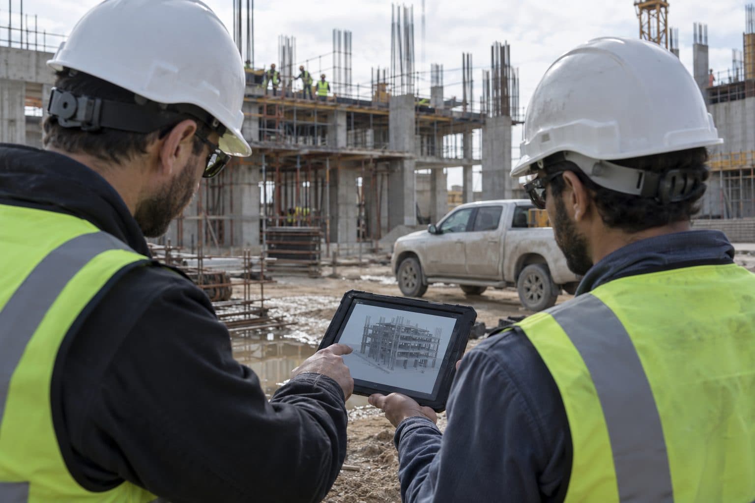 Engineers reviewing a project on a tablet on site