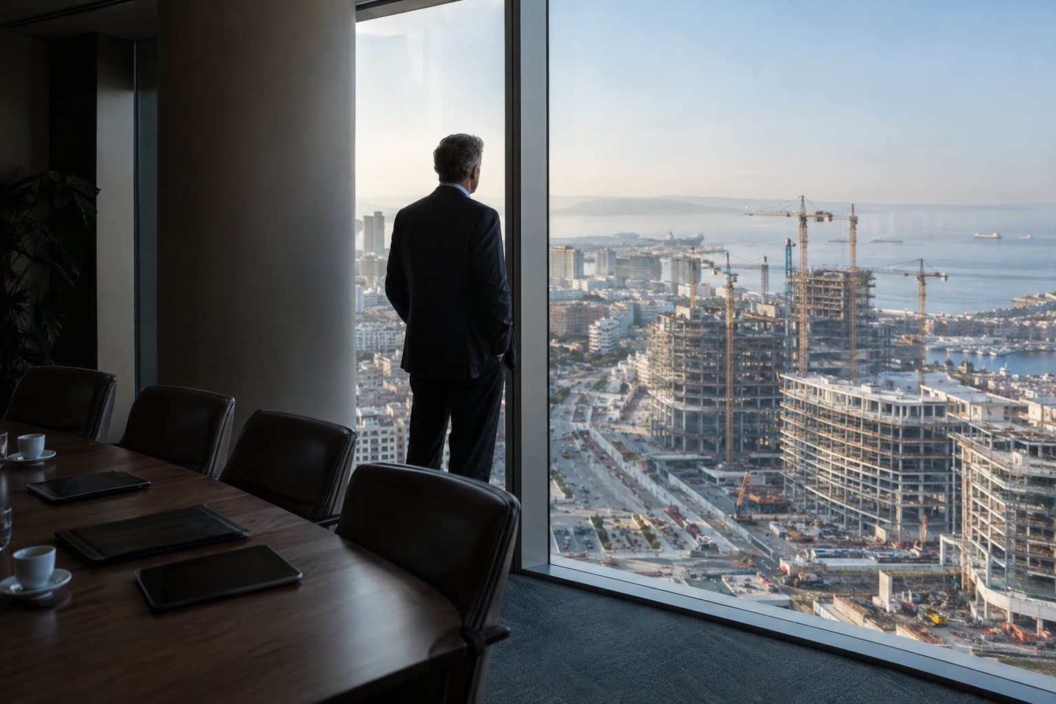 Executive at a boardroom window overlooking a large development under construction